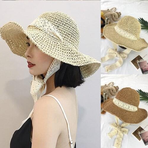 Women Summer Straw Woven Hats Female Foldable Sunscreen Fisherman Hat Tether Handmade Crochet Beach Hat Vacation Sunshade Hats