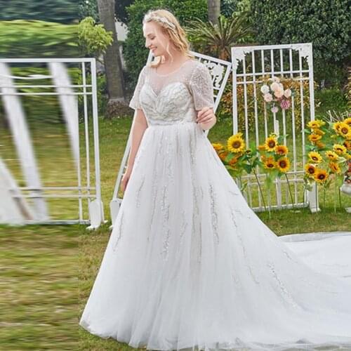 Evening Dress Elegant O-Neck Sequins Embroidery Short Sleeves Lace Up Floor-Length New A-Line Plus Size Women Formal Gowns D1062