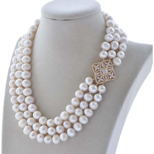 Z10015 3row 18" 11mm White Round Freshwater Pearl Necklace Bracelet CZ
