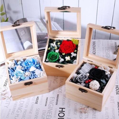 Green/Blue/Black Mixed Preserved Fresh Flowers with Square Wooden Box For Wedding Party Birthday Valentines Day Gift Favors