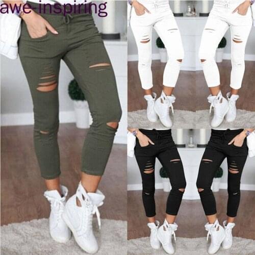 Autumn Womens Leggings Drawstring Pants Slim Pants Casual Pants Hole Trousers Pencil Pants Plus Size Trousers