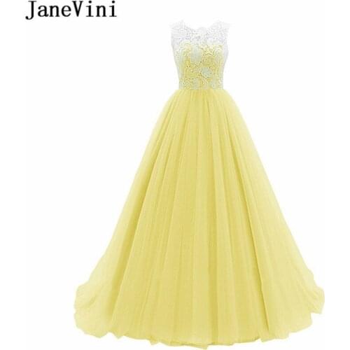 JaneVini Yellow Long Prom Dresses 2020 White Lace Button Back Elegant Tulle A Line Plus Size Ladies Formal Party Gown galajurken