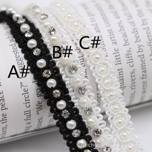 10Yards Black Beaded Lace Trim Braided Diamond Pearl Ribbon Clothes Decoration Wedding Dress Collar Sleeve African Lace Applique