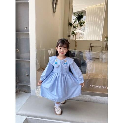 2021 Girls clothes long sleeve blue colour embroidered girls pattern cute toddler kids dresses