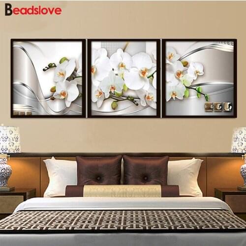 3 pieces white orchid 5D DIY diamond painting Mosaic flowers diamond embroidery circle drill rhinestone modern decoration art