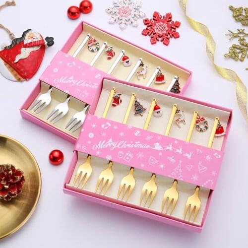 6Pcs Christmas 2021 Metal Coffee Fork Stirring Scoops Christmas Gift Box Set Xmas Navidad Tableware Ornaments Noel New Year 2022