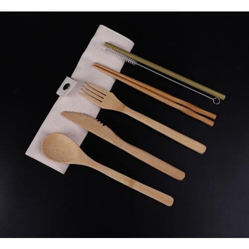 Bamboo Travel Utensils Sustainable Bamboo Cutlery Set Reusable Knife,Fork,Spoon,Biodegradable Straws Chopsticks Zero Waste Wrap