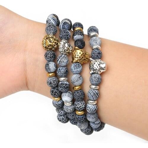 Hot Sale 1Pcs Gold Plated Lion Leopard Head Bracelet Black Lava Stone Beaded Bracelets Pulseras For Men Women Jewelry Gifts