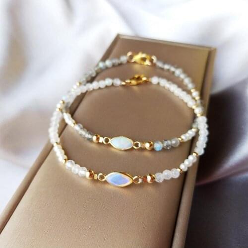 Lii Ji Labradorite Moonstone Freshwater Pearl 9K Yellow Gold Australian White Opal Charm US 14K GF Chain Tiny Bracelet 1 pcs