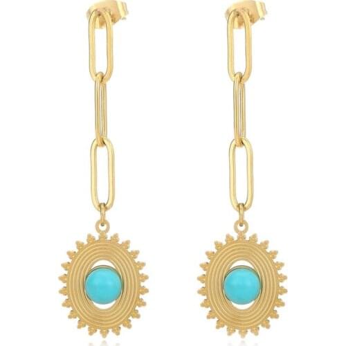 Trendy Stainless Steel Link Chain Long Dangle Earrings For Women Irregular Oval Eye Charm Blue Stone Drop Earrings Jewelry