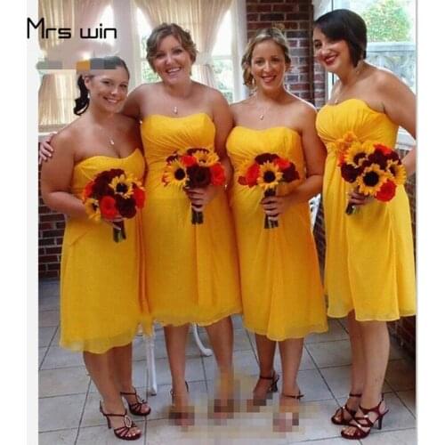 Mrs win Bridesmaid Dresses Under 50 Strapless Chiffon Yellow Wedding Guest Dress Tea Length Sleeveless Vestido Madrinha HR306