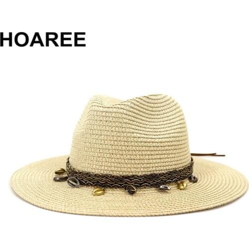 HOAREE Beige Panama Hat Stylish Sun Hats for Women Straw Fedora Hat Summer Beach Unisrx Jazz 2021 Brand New Wide Brim Hat