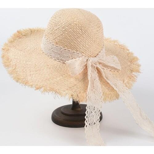 New Lace Bow Raffia Straw Hat Summer Sun Hats Beach Sombreros De Sol for Women Chapeau Paille Gorro Wide Brim Sunhats Girl Cap