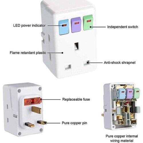 UK Plug 250V 13A Portable Multi 1 to 3 ways Travel Adapter Power Socket with ON/OFF Independent Control Switch Conversion Plug