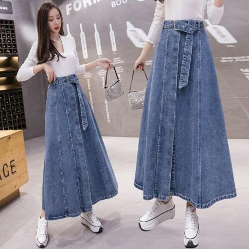 TIYIHAILEY Free Shipping 2021 New Fashion High Waist S-3XL Long Maxi A-line Skirts With Belt Women Blue Single Breasted Spring