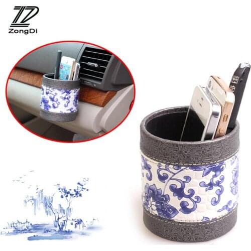 ZD 1Pc Car outlet storage bag Blue and white porcelain Leather for Citroen c4 Honda civic Toyota corolla Peugeot 307 accessories