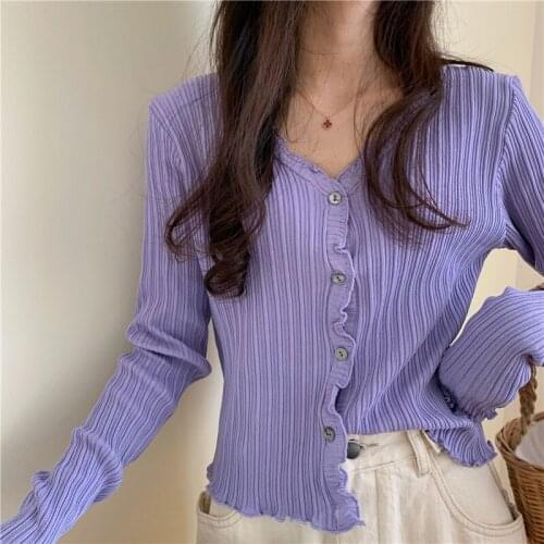 V-neck knit spring and autumn Korean style all-match slim t-shirt women