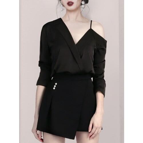 JSXDHK Women Runway Pant Suits Summer Fashion Black Long Sleeve Off Shoulder Blouse Shirt + Beading Irregula Short Pants Set