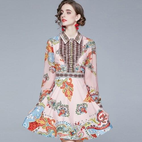 Temperament Fashion Runway Holiday Shirt Dress Womens Chic Long Sleeve Turn Down Neck Elegant Floral Print Short Dress