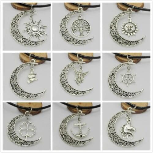 20Pcs Tibetan Silver Sun Moon Tree Angel Pendant Black Real Leather Cord Chain necklace