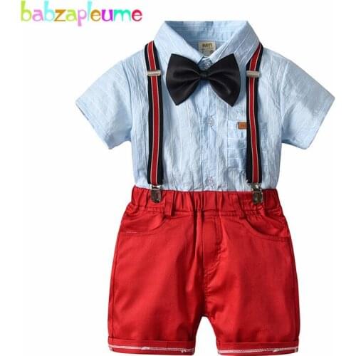 4Piece/Baby Boy Summer Children Clothes Fashion Cotton Gentleman Short Sleeve Shirt+Shorts+Strap+Bow Toddler Clothing Set BC1358