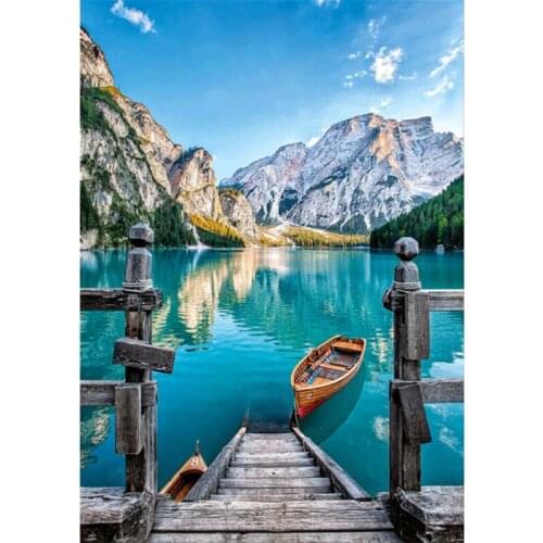 5D Landscape Diamond Painting Lake Boat DIY Round Full Diamond Embroidery Kit Home Decoration