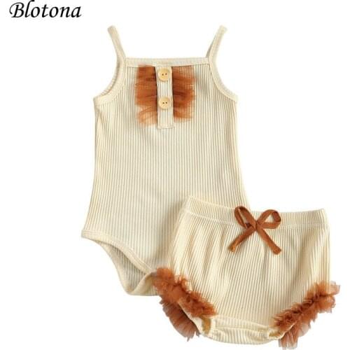 Blotona Cute Baby Girls 2Pcs Suit, Mesh Decoration Sleeveless Sling Romper and Shorts for Birthday Party Photography 0-24Months