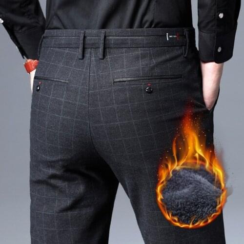 High Quality Winter Men Fleece Thick Business Casual Pants Classic Style Black Navy Stretch Warm Trousers Male Brand