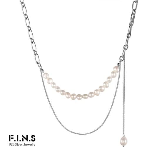 F.I.N.S Stylish Cuban Curb Chain Hand-Made S925 Sterling Silver Necklace Baroque Freshwater Pearl Layered Long Pendant Necklace