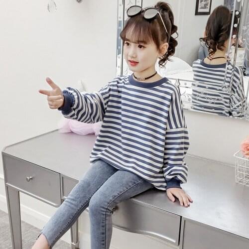 Child T-shirts 2021 Spring Autumn Toddler Kids Girls Long Sleeve O Neck Blue Stripe Top T-shirt Clothes for Girls 6 7 8 12 Years