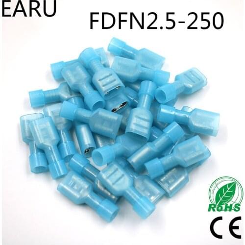 FDFN2-250 FDFN2.5-250 NYLON brass Female Insulated Spade joint Cable Wire Connector 100PCS suit 1.5-2.5mm2 16-14AWG FDFN Plug
