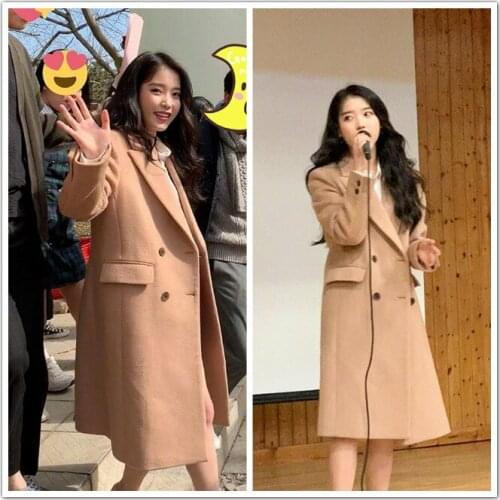 Kpop IU Lee Ji Eun Winter New Warm Women Double Breasted Trench Coats Long Casual Windbreaker Fashion Business Loose Outerwear