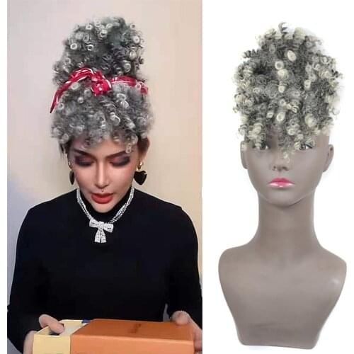 Curly Puff Hair Bun Afro Ponytail Drawstring Clip In Bangs Synthetic Afro Short Black Grey Wig Bouncy Curly Wigs For Women
