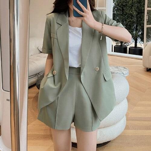Summer Office Womens Pink Shorts Set Lady 2 Pieces Set Solid Short Sleeve Blazer Casual Suit