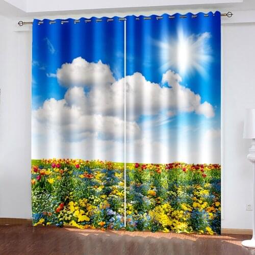 Custom blue sky gold sunflower curtains 3D Blackout Curtains For Living room Bedding room Drapes Cotinas