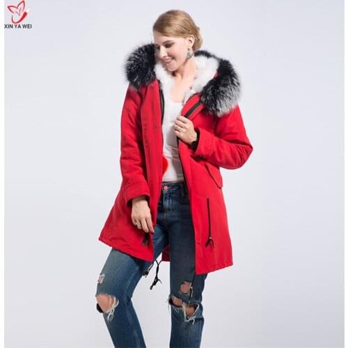 2018 New Style Fashion Fox Stitching Fur Lined Natural Fur Coat Red Winter Medium Long Women Natural Warm Raccoon Fur Collar