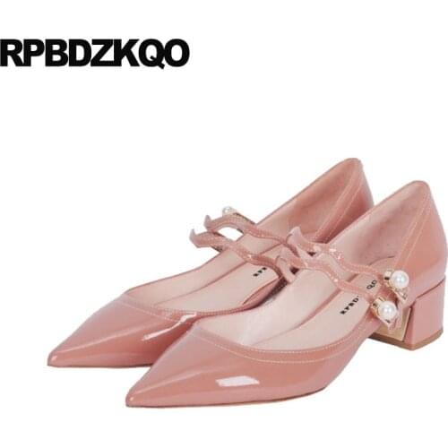 High Heels Strap Nude Quality Chunky Mary Jane Ivory Bridal Shoes Pumps Women Big Size Patent Leather Pointed Toe Pearl New Pink