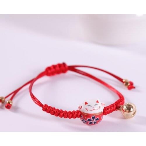Chinese style Ceramic Cat Lucky Transit Red String Bracelet Female Student Hand-woven Lucky String Bracelet for women jewelry