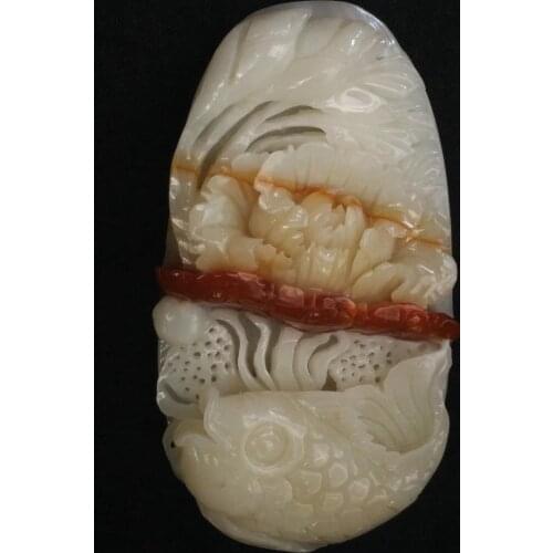 YIZHU CULTUER ART 100% Natural China Jade Hand-carved Exquisite Pendant Necklace Flower Fish Amulet Gift