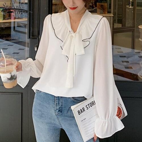 2021 Korean Solid Womans Blouses Autumn New Bow V-neck Puff Long Sleeve Chiffon Blouse Loose Shirts Female Ropa De Mujer 10604