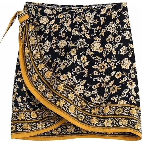 2021 New Summer Women Vintage Beach Style Flower Print Wrap Lace Mini Skirt Female Streetwear ​Slim High Waist Skirt