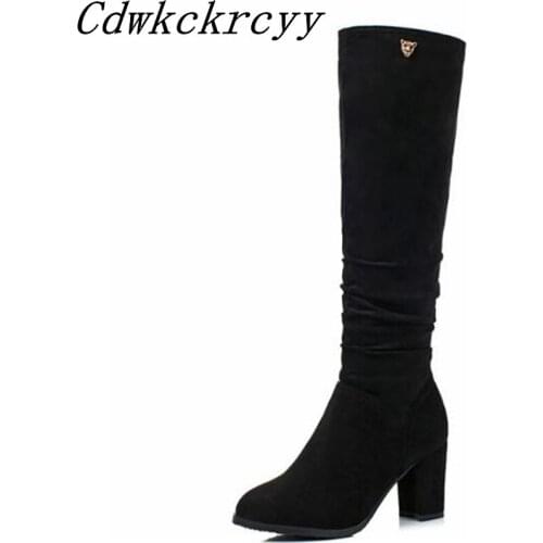 Women Boots Autumn and winter New style fashion Suede Round head Coarse heel knee length High Boots plus size 34-43