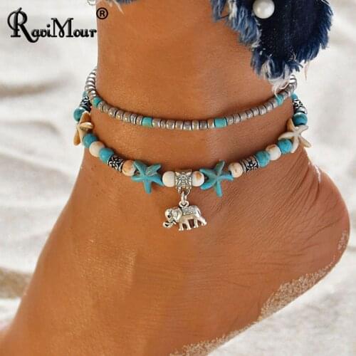 RAVIMOUR 15 Style Ankle bracelets for Women Elephant Turtle Bohemian Anklet Starfish Natural Stone Barefoot Sandals Foot Jewelry