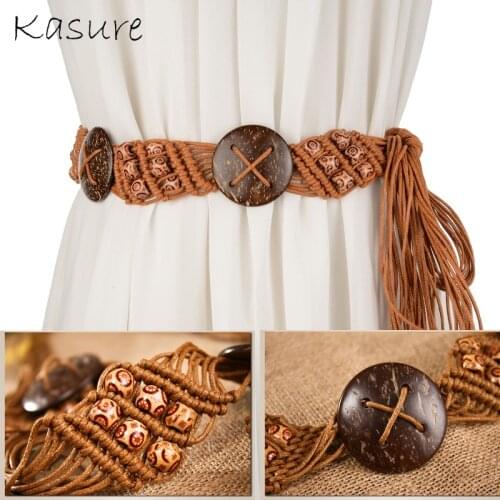 KASURE Womens Boho Wax Beads Fashion Woven Belt Bohemian Style Woven Rope Braided Waistband Feminine Dress Decoration Belt