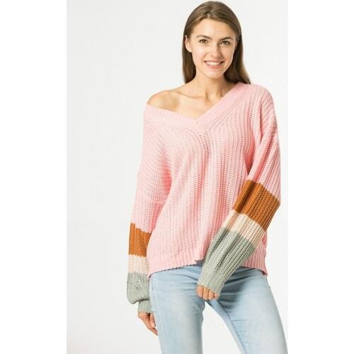 Womens V-neck Loose Knit Sweater Lantern Sleeve Sweater Fall/Winter Europe and The United States
