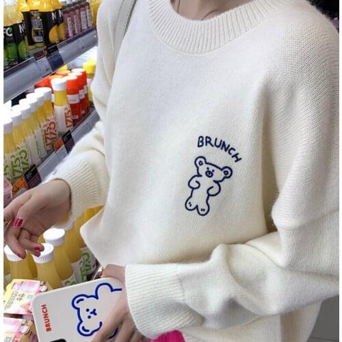 Cartoon Bear Jacquard Harajuku Women Sweater 2021 Winter Warm Knit Pullovers Full Sleeve Korean Fashion Female Jumpers Tops