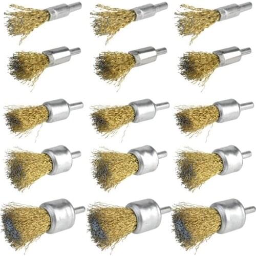 15 Pack Wire Wheel Cup Brush Set with 1/4 Inch Round Shank, 5 Sizes Brass Coated Wire Drill Brush for Paint Removal Project/Corr