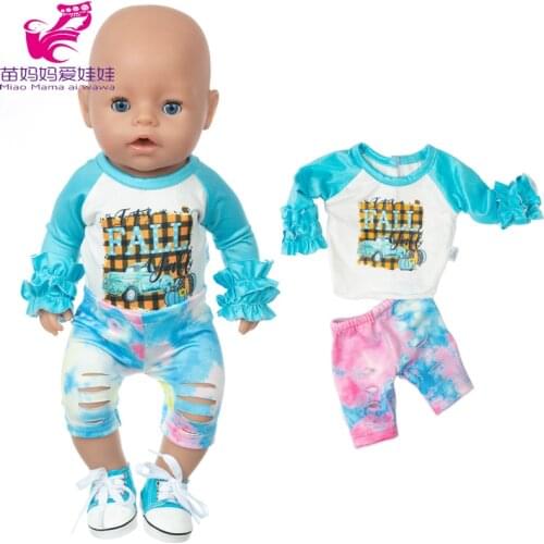 18 Inch Girl Doll Clothes Tie Dye Blue Shirt Ripped Pants Baby Doll Summer Clothes Wears