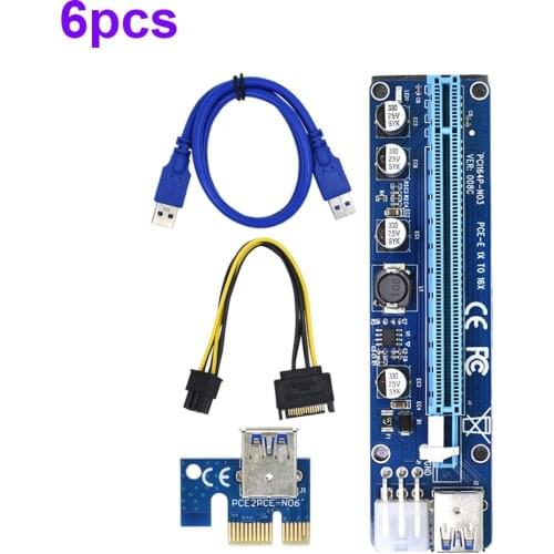 6pcs/set VER008C Molex 6 pin PCI Express PCIE PCI-E Riser Card 008C 1X to 16X Extender USB3.0 Cable Mining Bitcoin Miner New
