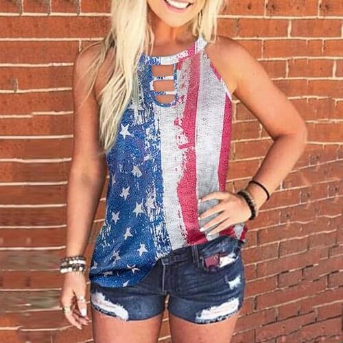 American flag print Tops Tee Summer Women Fashion Loose Hollow Tank Tops Streetwear Cropped Seeveless Top Feminino Pullover Vest